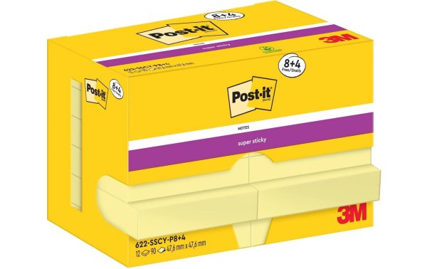 Post-it Notizzettel Super Sticky 47 x 47 mm, Gelb, 12 Blöcke