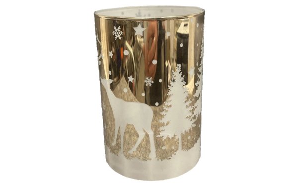 Dameco Weihnachtswindlicht Hirsch im Wald Gold/Weiss, Glas