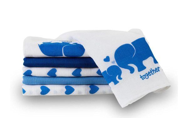 MAKIAN Mulltuch 6-er Set 80 x 80 cm Blau und Weiss Elefant, Herz