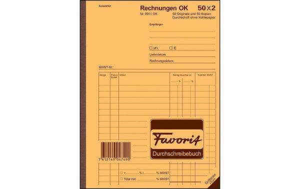 Favorit Durchschreibeblock 156 x 210 mm Rechnungen, 50 x 2 Blatt