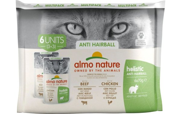 Almo Nature Nassfutter Holistic Anti Hairball mit Rind & Huhn, 6 x 70 g