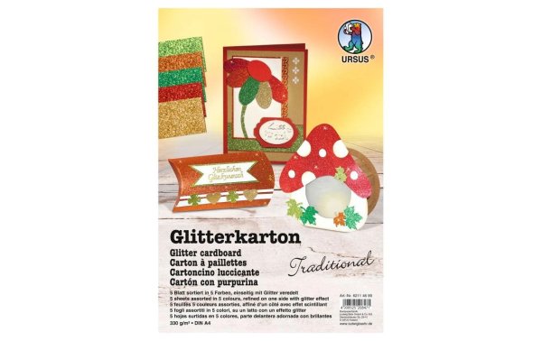 URSUS Glitzerkarton Traditional A4, 330 g/m², 5 Blatt, Mehrfarbig