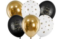 Partydeco Luftballon Happy New Year Gold/Schwarz/Weiss, 6 Stück