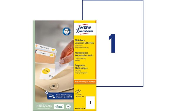 Avery Zweckform Universal-Etiketten Stick + Lift 210 x 297 mm, 100 Blatt