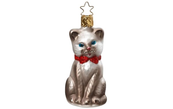 Inge Glas Manufaktur Weihnachtskugel Katze Grau 8.5 cm, Beige/Rot