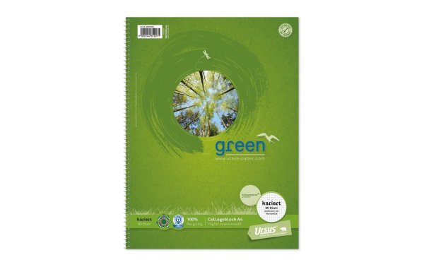 Ursusgreen Notizheft Green Collegeblock A4, Kariert, 80 Blatt