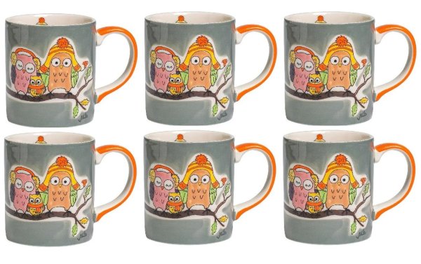 Mila Kaffeetasse Eulenfamilie 280 ml, 6 Stück, Grau