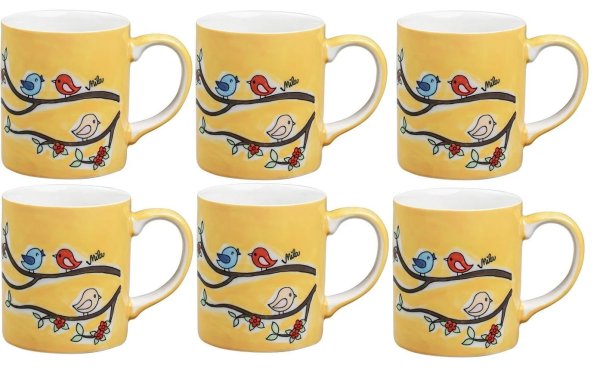 Mila Kaffeetasse Lovley Birds 280 ml, 6 Stück, Gelb