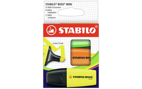 STABILO Boss Mini 3 Stück, Gelb/Grün/Orange, Kartonetui