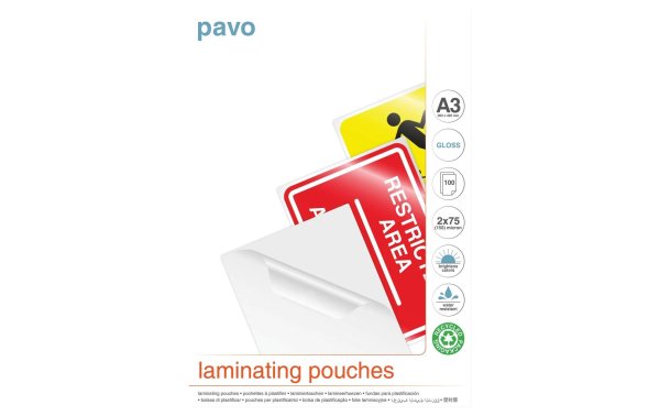Pavo Laminierfolie A3, 75 µm, 100 Stück, Glänzend; Wasserdicht