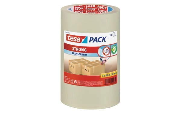 tesa Klebeband strong 50 mm x 66 m, Transparent, 3 Rollen